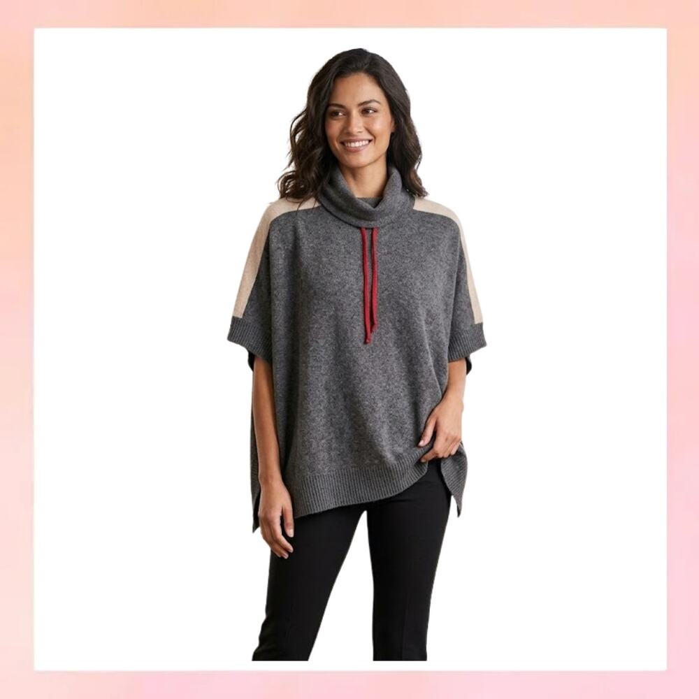 Tahari Grey Cowl Neck Poncho Sweater One Size
